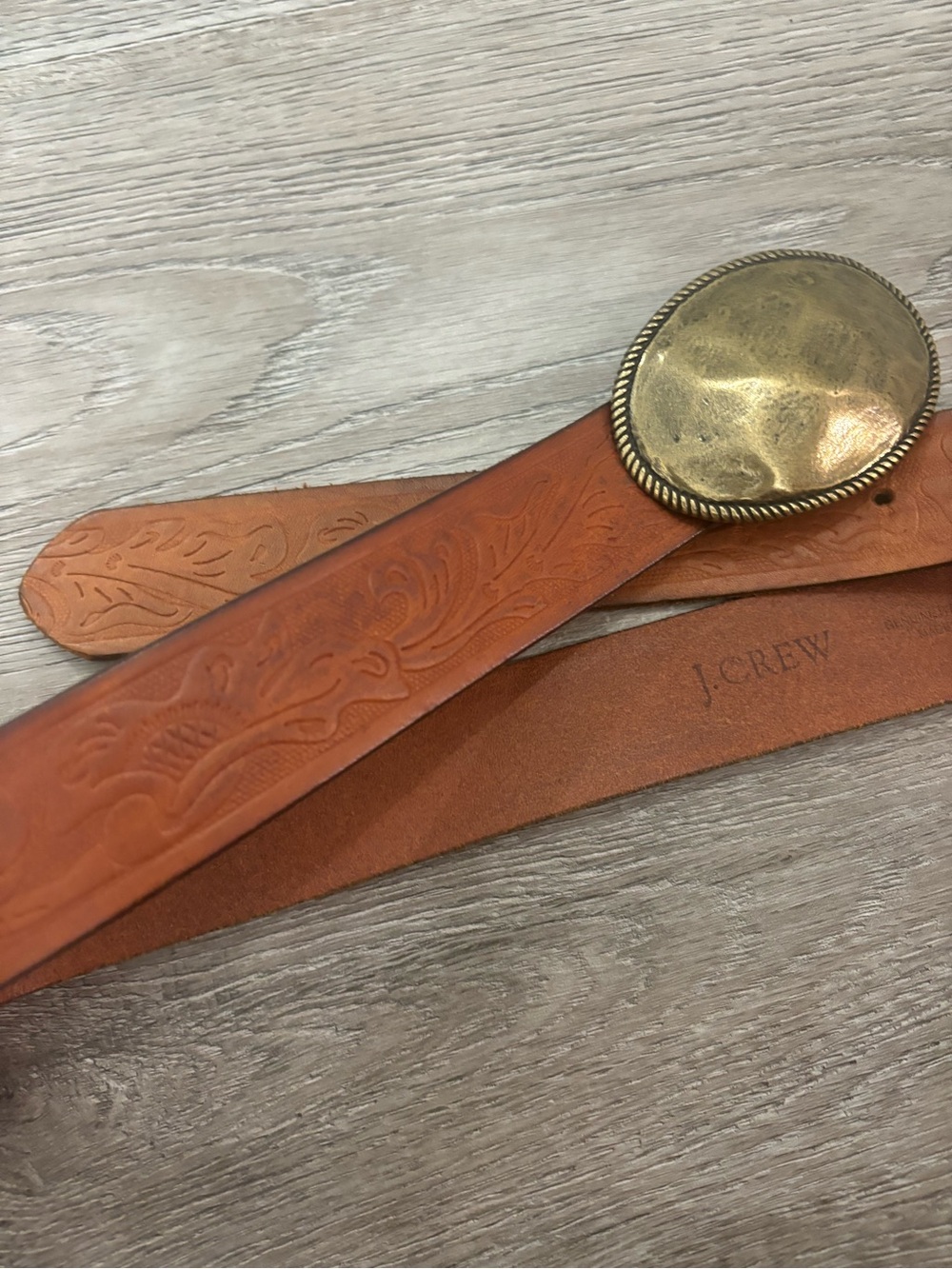 J.Crew Embossed Leather Belt with Brass Oval Buckle size L Large in Brown - Picture 3 of 9